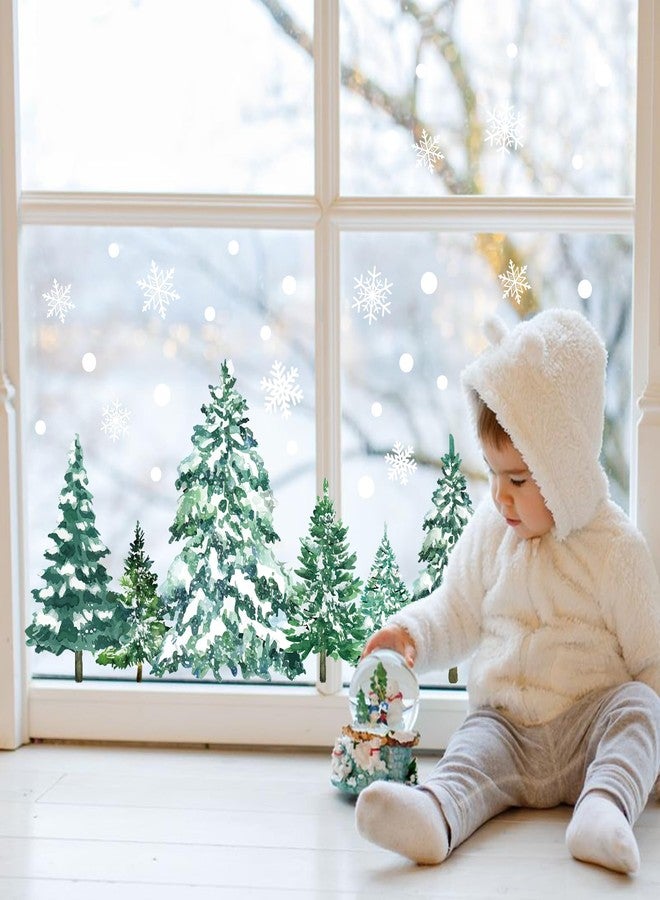 KALEFO 60Pcs Snowy Winter Decor Snow Tree Window Clings Decals Forest Trees White Christmas Decorations Kids Room Window Stickers Xmas Tree Snowflake Decals - Image 1